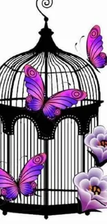 Artistic butterfly and cage wallpaper with vibrant colors and floral accents.