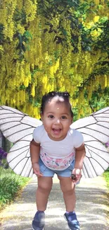 Child with butterfly wings in a vibrant yellow garden pathway.