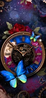 Vintage clock with butterflies on a cosmic background.