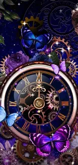 Vibrant steampunk clock wallpaper with butterflies.