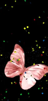 Pink butterfly with colorful confetti on a dark background mobile wallpaper.