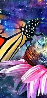 Vibrant butterfly on flower with galaxy background.