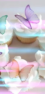 Pastel butterfly-topped cupcakes arranged in a circle.