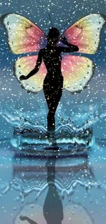 Silhouette with butterfly wings in water splash.