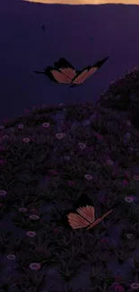 Purple dawn with butterflies and flowers wallpaper.