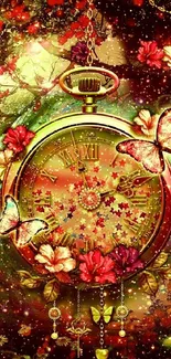 Gold clock with butterflies and flowers on a vibrant background.