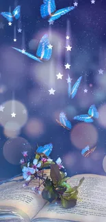 Blue butterflies flying from an open book in a dreamy, starry night setting.