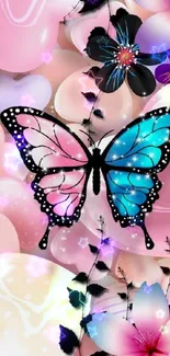 Artistic butterfly with pink and blue floral background.