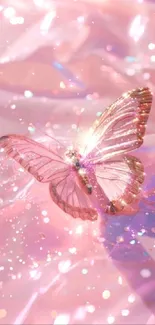 A delicate pink butterfly shimmering with light on a pastel background.