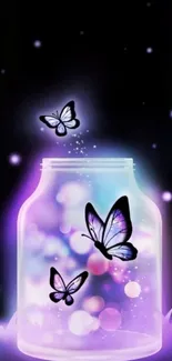 Magical butterflies glow inside a jar with a mystical purple background.