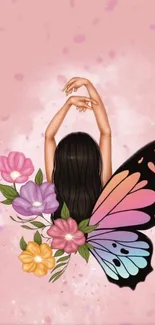 Illustrated woman with butterfly wings and flowers on a pink background.