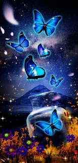 Blue butterflies under a starry night sky wallpaper.