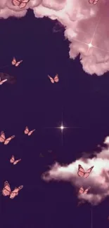 Pink butterfly night sky wallpaper with stars and clouds.