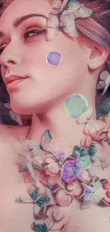 A surreal portrait with butterflies on peach tones, in a dreamy artistic style.