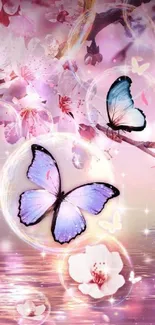 Dreamy butterfly wallpaper with cherry blossoms and pastel hues.