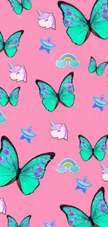 Colorful butterfly and unicorn wallpaper with rainbows on a pink background.