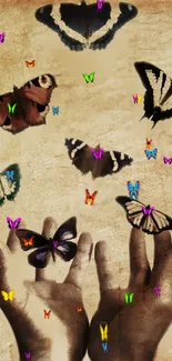 Whimsical butterfly wallpaper with vintage hands and colorful insects.