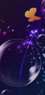 Colorful mobile wallpaper with butterflies and bubbles on a dark purple background.