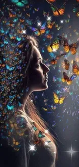 Silhouette with colorful butterflies in a dreamy, dark blue setting.