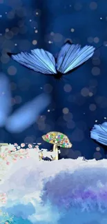 Mobile wallpaper of vibrant butterflies in a dreamy blue landscape with floral accents.