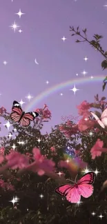 Pink blossoms and butterflies under a pastel purple sky with a rainbow.