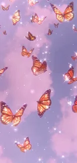 Vibrant orange butterflies flutter in a dreamy purple sky, creating a serene scene.