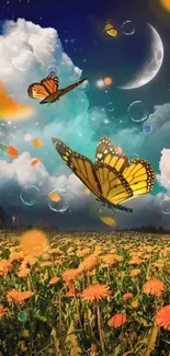 Butterfly dreamscape with moonlit sky and vibrant field.