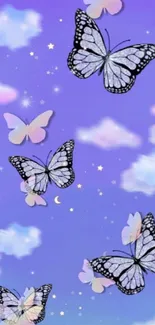 Butterflies against a purple cloudy sky with stars.