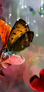 Fantasy butterfly with hearts and floral backdrop.