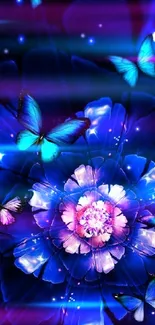 Vibrant blue wallpaper with butterflies on a floral backdrop.