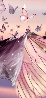 Dreamscape wallpaper with pink butterfly wings and pastel sky.