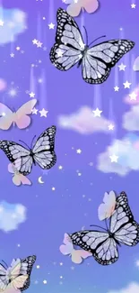 Purple butterfly wallpaper with clouds and stars, creating a magical ambiance.