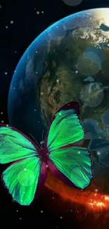 Vibrant green butterfly over Earth mobile wallpaper.