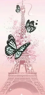 Elegant Paris wallpaper with butterflies around the Eiffel Tower on a pink background.