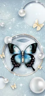 Elegant butterfly on blue background with pearl bubbles.