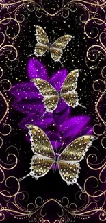 Purple background with golden butterflies in ornate design.