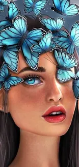 Blue butterflies cascading over a woman's face in a vibrant, artistic design.