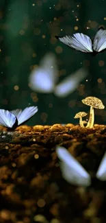 Butterflies hovering over glowing mushrooms in a dark enchanted forest.