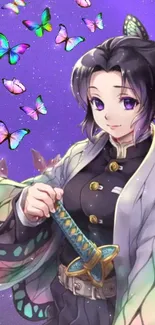 Anime girl with butterflies and purple background wallpaper.