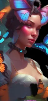 Illustrated woman surrounded by colorful butterflies on a fantasy mobile wallpaper.