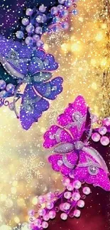 Colorful fantasy butterfly wallpaper with purple and gold accents.