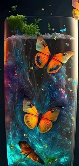 Artistic glass with butterflies in vibrant colors and light effects.