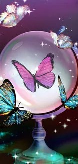 Fantasy globe with butterflies in vibrant colors and a magical atmosphere.