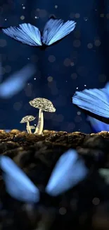 Ethereal blue butterflies and glowing mushrooms in a magical forest scene.