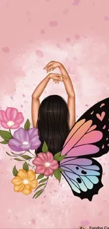 Whimsical fairy with butterfly wings and flowers on pink background.