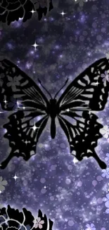 Mystical butterfly on purple floral background.