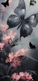 Mobile wallpaper with black butterflies and pink flowers