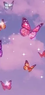 Dreamy butterfly sky wallpaper with pink clouds and vibrant colors.