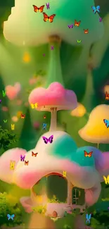 Fantasy wallpaper with butterflies and mushroom houses in vibrant colors.