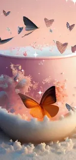 Magical mug with butterflies and snowflakes in a fantasy scene.